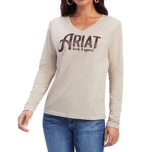 NWT Ariat Real Chest Logo Graphic Long Sleeve V-neck Tee T-Shirt Cream Large